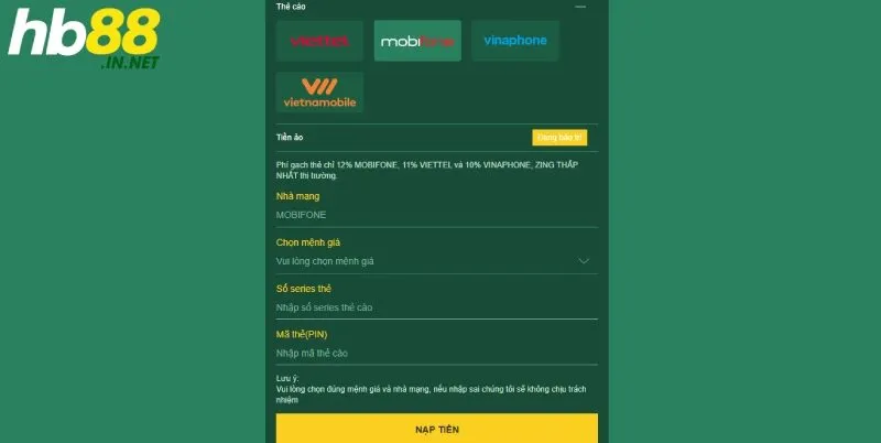 FAQ - Giải đáp câu hỏi liên quan đến nạp tiền tại HB88
